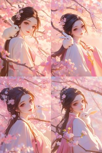 古风女生，精致五官，披肩长发，年轻女性，毛茸茸皮草衣，肩膀站白兔，华丽汉服，二次元画风，对称构图，柔和光影，暖色调，浅景深，唯美氛围，优雅站姿，微笑表情，樱花背景，细腻笔触，高饱和度，古典装饰。