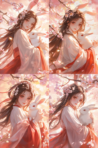 古风女生，精致五官，披肩长发，年轻女性，毛茸茸皮草衣，肩膀站白兔，华丽汉服，二次元画风，对称构图，柔和光影，暖色调，浅景深，唯美氛围，优雅站姿，微笑表情，樱花背景，细腻笔触，高饱和度，古典装饰。