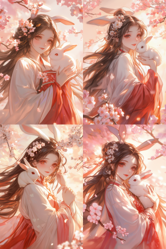 古风女生，精致五官，披肩长发，年轻女性，毛茸茸皮草衣，肩膀站白兔，华丽汉服，二次元画风，对称构图，柔和光影，暖色调，浅景深，唯美氛围，优雅站姿，微笑表情，樱花背景，细腻笔触，高饱和度，古典装饰。
