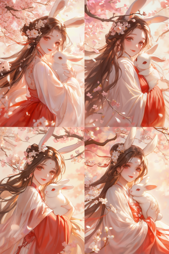 古风女生，精致五官，披肩长发，年轻女性，毛茸茸皮草衣，肩膀站白兔，华丽汉服，二次元画风，对称构图，柔和光影，暖色调，浅景深，唯美氛围，优雅站姿，微笑表情，樱花背景，细腻笔触，高饱和度，古典装饰。