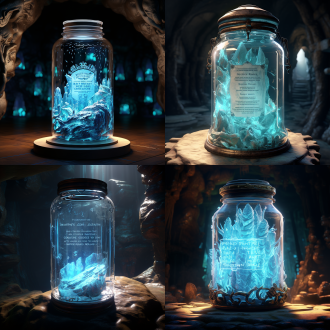 透明玻璃罐悬浮百魔洞入口，淡蓝流动光效空气，有标签与图表，喀斯特背景，3d写实，光影凸显质感，侧光，广角。