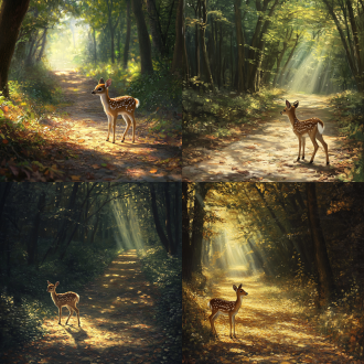 帮我生成图片:场景:森林小径主体:一只小鹿 环境:阳光透过树叶洒在地面上 细节:小鹿的毛发在阳光下闪着光泽，树叶上挂着露珠 风格:写实风格 构图:小鹿位于画面的前景，小径延伸向远方 画质:高分辨率，清晰细腻