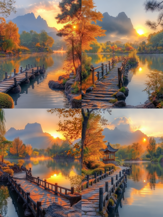 图片生动展示了一个静谧的湖泊，湖面平静得宛如一面镜子，清晰地反射着周围的景致以及澄澈天空。极目远眺，山脉的朦胧轮廓映入眼帘，巧妙地为整个场景增添了丰富的层次感。湖岸边树木繁茂，部分树梢轻轻探入水中，仿佛在与湖水低语，共同构成一幅如诗如画的自然风光图。此时，太阳正缓缓升起或落下，温暖的橙色光芒如同薄纱般轻柔地洒遍大地。而且，湖面上不见明显的船只或其他杂物，营造出一种极致的平和与安静氛围。整体而言，这张照片淋漓尽致地传达出一种与大自然和谐共生的美妙氛围，能让人瞬间感到放松与平静。 摄影采用全景，突出湖泊与山脉。使用佳能 eos r6 相机，光圈 f/8，感光度 iso 100，快门速度 1/125 秒。