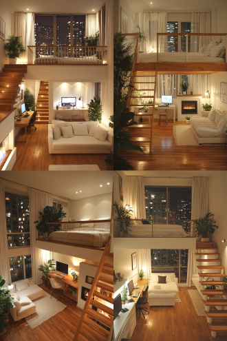 at night, a comfortable white modern small apartment is surrounded by full height french window, with a wooden staircase, an electric fireplace, a computer desk beside the sofa and a computer. there is a comfortable bed with a fence in the attic. the apartment is surrounded by full height french window, which can overlook the courtyard and the high buildings outside at night in summer. modern interior design. wooden flooring, plants, light white curtains, comfortable bedroom with sofa and pillow. movie style, movie color.