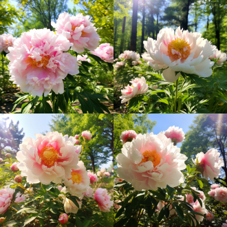 in the summer of jilin, there is an area full of peonies in shense zichun park. the white and pink flowers blooming on them make people feel like they have met a fairy. a large number of green leaves and sunlight shining through the trees onto their petals. this photo was taken with a mobile phone camera using macro mode to capture details and colors. it's a beautiful scene that makes one want to stay and admire the flowers for a long time. the painting style is reminiscent of impressionism, focusing on visible light and color.
