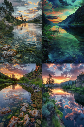 天边残留淡淡的日落余晖，阴雨绵绵，清澈的江边，石山上长满的树木和野草，绿水青山的倒影，宁静，清新的空气