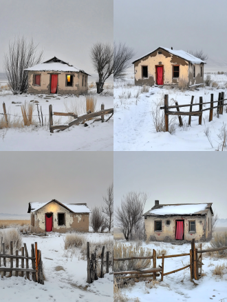 a small, weathered cottage with peeling walls in a rural area, snow - covered roof and ground. the cottage has a red curtain at the door and warm light shining through the windows. a rustic wooden fence in the foreground, dry vegetation around, and a hazy, overcast sky in the background. realistic and detailed, winter atmosphere.