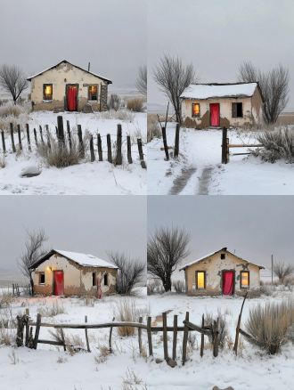 a small, weathered cottage with peeling walls in a rural area, snow - covered roof and ground. the cottage has a red curtain at the door and warm light shining through the windows. a rustic wooden fence in the foreground, dry vegetation around, and a hazy, overcast sky in the background. realistic and detailed, winter atmosphere.