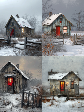 a small, weathered cottage with peeling walls in a rural area, snow - covered roof and ground. the cottage has a red curtain at the door and warm light shining through the windows. a rustic wooden fence in the foreground, dry vegetation around, and a hazy, overcast sky in the background. realistic and detailed, winter atmosphere.