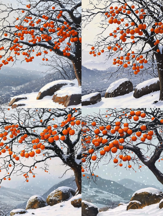 a persimmon tree laden with bright orange persimmons stands in a wintry landscape. snow blankets the branches of the tree and the ground beneath, with large snow - covered rocks at the base. in the background, a misty mountain range adds to the serene and cold atmosphere. flakes of snow are gently falling.