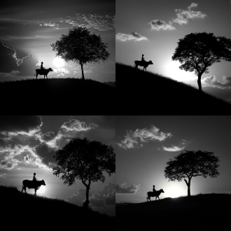 黑白摄影风格，符合黄金分割点的斜坡，夕阳西下，小孩子骑在牛身上，右边姿态优美的大树，辽远的云，剪影风格，