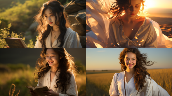 梦幻效果，夕阳自然光，16岁中国少女，在学校运动场，手里拿着一本书，白色的长裙，衣袂飘飘，微笑，全景