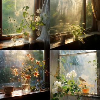 清晨，薄雾，鸟，露珠，蛛网，晨光，窗台上的茉莉