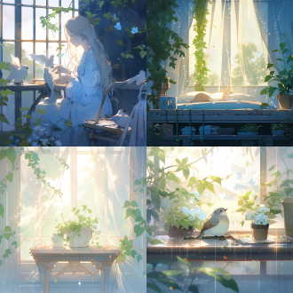 清晨，薄雾，鸟，露珠，蛛网，晨光，窗台上的茉莉