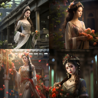 唐代美女，皮肤白皙，珍贵头饰，全身照，站在庭院，身后是百花丛，层次感，电影光效，长裙
