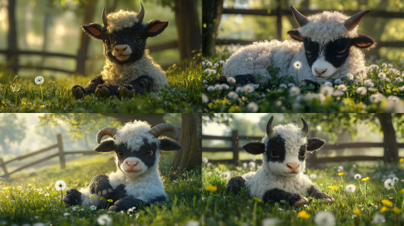 hyper-realistic baby hybrid of cow and sheep, curled up in dewy clover field, holding dandelion with front hooves, fluffy black-and-white curly fur with morning light glow, moist bovine nose, lamb-like round face with cow eyelashes, spiral horns with velvet texture, shallow depth of field with oak trees and wooden fence in background, cinematic lighting, 8k detail
