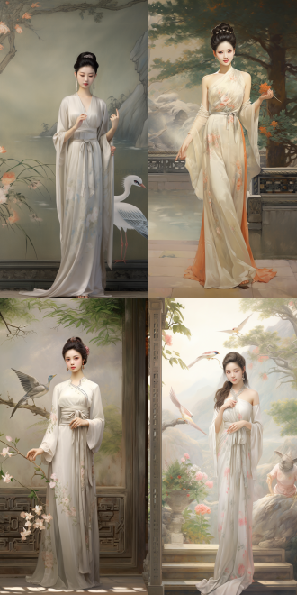 古装女神在庭院里闲庭漫步， 唐代美学 站在壁画前 含情脉脉 正面肖像 古典建筑 山水 牡丹 新工笔 真实 有层次 简约构图 低饱和 超高清画质 工笔画 中国凤凰 远景拍摄 白金 粉白 白 粉彩色 象牙白 常玉风格 中式服装 旗袍 华伦天奴 明亮的 镜头光晕 柔光 黑金 全身