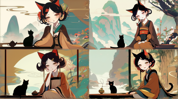 细化，高清，女孩子，黑猫。女孩坐着，背景是云雾茶山。 明亮的 汉服 园林 开心 道