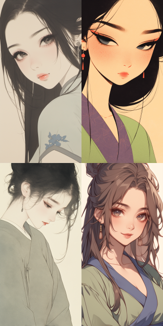 a gongbi painting, a 17 year old black long hair chinese qing dynasty girl wearing green with purple hanfu, twisted jewelry, round face, minimalist portrait, geometric shapes, matte light yellow background camelas embellish, in style crisp new pop illustrations, animated gifs, doll kei, cartoon characters, close-up, head view, bold, cartoon lithography, super detail, pursue details