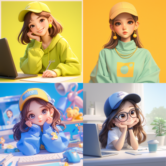 create an avatar for me: white background, 3d cartoon style girl, exquisite facial features, with a peaked cap, summer trendy fashion clothing, color matching, bright color matching, upper body, girl sitting next to the computer, made by pop mart, smooth and delicate, clay material, octane value rendering, ultra-detailed, 8k.,,in clothes 极简 全身 全景