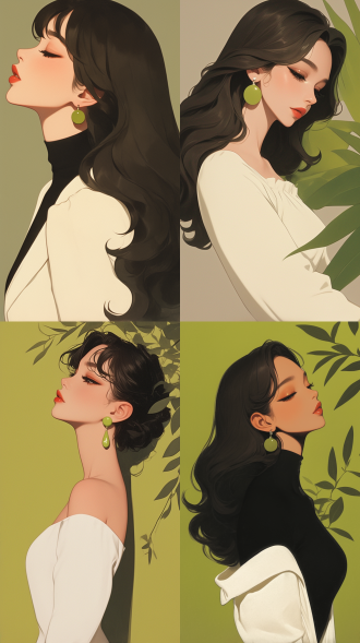 绝美五官，时尚贵妇扁平插画，牛油果绿背景，极简艺术，白色长裙，红色口红，迷人眼神，绿色复古耳环，侧脸角度，柔和光线，柔和色调，细膩细节:2，线条清晰，娴静情绪。背景时尚 三分法构图 全景 全身 腰部以上 长焦拍摄