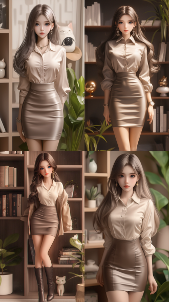 室内背景，背景有书架，书架上有书和一些装饰品，背景有一颗绿植。3d卡通风格女孩，精致的脸部，水润的大红唇，黑色长头发披在后背：1.2，黑色长发发尾微卷，星辰般的蓝色眼睛，可爱猫咪头耳钉，穿工作白色衬衫，复古黑色皮质包臀裙，白色皮质长筒高跟鞋，女孩站着，人物细节更多，衣服材质明显，五根手指：1，泡泡玛特配色，亮丽配色，看到全身看得到脚和鞋子:2。由pop mart制作，光滑细腻，辛烷值渲染，超细节，8k。不要猫耳朵头饰，不要毛衣，不要短发。 摄影纪实 oc渲染器 数码绘画 电影风格 黏土 照片写实 全身 瓷 雕刻 衬衫 连衣裙 大衣 裙子 外套 时尚风 极简 优雅风