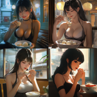 combining the style of persona 5 and dong yuan's painting style, presenting a smooth anime cgi effect. the picture is composed in the rule of thirds, featuring a close-up of a lady as elegant as tifa lockhart. she is sitting on a bench, happily eating 一碗 tangyuan. 健康干净的手指, the warm indoor light creates the atmosphere of the lantern festival. the picture is in bright colors, with a slow shutter effect, showing a sense of enjoyment.