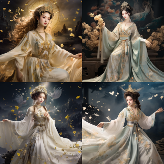 杰作），最佳质量），超细节），hdr），中国神话美学），主要背景：（天女飞云，完美的身体比例），空灵的美感），神圣的优雅），服装细节：（飘逸袖子的传统汉服），半透明的丝带，错综复杂的金色刺绣图案），珍珠配件），丝带在宇宙风中起伏，带有星尘粒子的飘逸头发），场景构建： （远处的天宫）、莲花瓣飘落）、彩虹色极光背景）、发光的月亮粒子）、灯光效果：（柔和的体积照明）、身体的天体辉光、彩虹色丝绸折射）、戏剧性的云阴影）、艺术风格：（水彩墨水融合风格）、浮世绘构图原则）、超现实主义幻想元素）、超详细的织物纹理）、stormtrooper：（低质量、变形解剖结构）、颜色过饱和）、现代服装）、西部特征）、平面构图）、泥泞纹理）、粗糙阴影）、卡通风格）、全景图