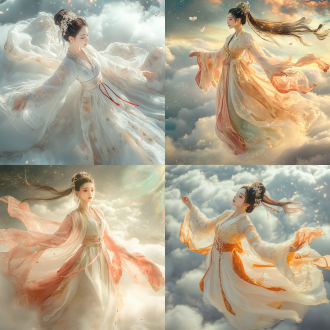 杰作），最佳质量），超细节），hdr），中国神话美学），主要背景：（天女飞云，完美的身体比例），空灵的美感），神圣的优雅），服装细节：（飘逸袖子的传统汉服），半透明的丝带，错综复杂的金色刺绣图案），珍珠配件），丝带在宇宙风中起伏，带有星尘粒子的飘逸头发），场景构建： （远处的天宫）、莲花瓣飘落）、彩虹色极光背景）、发光的月亮粒子）、灯光效果：（柔和的体积照明）、身体的天体辉光、彩虹色丝绸折射）、戏剧性的云阴影）、艺术风格：（水彩墨水融合风格）、浮世绘构图原则）、超现实主义幻想元素）、超详细的织物纹理）、stormtrooper：（低质量、变形解剖结构）、颜色过饱和）、现代服装）、西部特征）、平面构图）、泥泞纹理）、粗糙阴影）、卡通风格）、全景图