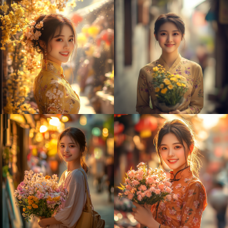 杰作），最佳质量），超细节），hdr），中国女性，居中构图，都市街道，暖黄色调，长焦镜头，背光，带着花朵的微笑，自信优雅，温馨欢乐。全景图，画面比例：16：9