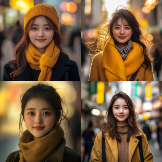 杰作），最佳质量），超细节），hdr），中国女性，居中构图，都市街道，暖黄色调，长焦镜头，背光，微笑，自信优雅，温馨欢乐。全景图，画面比例：16：9