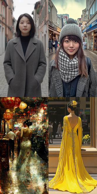 杰作），最佳质量），超细节），hdr），中国女性，居中构图，都市街道，暖黄色调，长焦镜头，背光，微笑，自信优雅，温馨欢乐。全景图