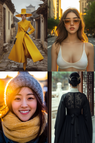 杰作），最佳质量），超细节），hdr），中国女性，居中构图，都市街道，暖黄色调，长焦镜头，背光，微笑，自信优雅，温馨欢乐。全景图