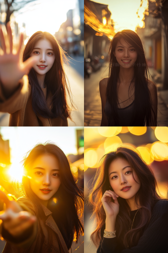 杰作，最佳质量，超细节，hdr，中国女性，居中构图，都市街道，长焦镜头，背光，微笑，自信优雅，温馨欢乐。全景图。手部特写，三分法布局，高分辨率，手部动作，专注神情，暖黄色调，精细质感。
