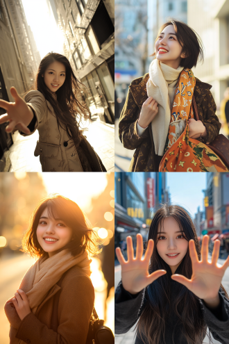 杰作，最佳质量，超细节，hdr，中国年轻女性，居中构图，都市街道，背光，微笑，自信优雅，温馨欢乐，全景图，手部特写，三分法布局，高分辨率，手部动作，专注神情，暖黄色调，精细质感，全身，白色背景 路易威登