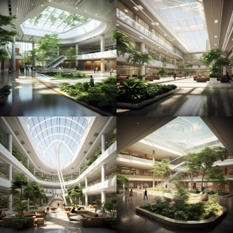 设计一个政务服务大厅 现代简洁的挑空区大厅 用于政务办公