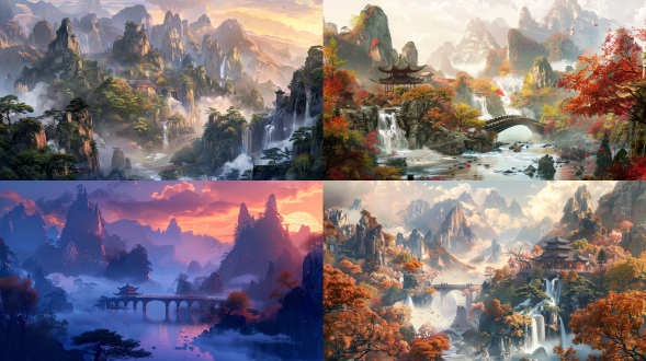 中式山水画，细节丰富，广角镜头，有高山，中式风格，壮丽景色，山川河流，发光，中国风，千山万水，3d插图，小桥流水，壮丽，丰富色彩。