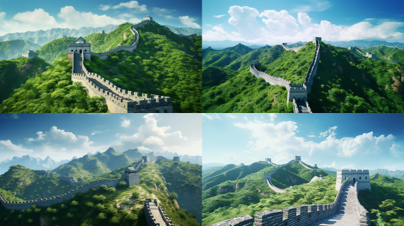 万里长城，广角镜头，细节丰富，壮美河山，像巨龙一样盘踞，夏天的绿叶，四面环山，湛蓝的天空，群鸟飞翔，一副震撼的画面，4k，高清。