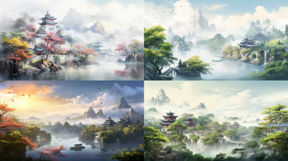 中式园林，2k高清插画，亭台楼阁，竹林假山，古代诗人在庭院吟诗，广角镜头，细节丰富，周围宁静，仙鹤排列飞翔，炊烟袅袅，三分构图，一副震撼的明亮画面，东方山水画。