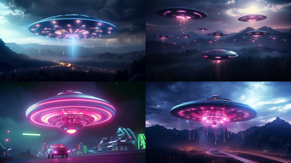 外来的外星飞碟，好莱坞科幻大片，空中飞碟，汽车，生命之轮，广角镜头，外星生物，霓虹灯，科幻世界，8k，16k，真实细节，