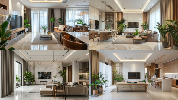 家装客餐厅：广角镜头，电视背景墙格栅+白色岩板，搭配绿植。落地窗米色窗帘，顶面无主灯设计，射灯辅助，木质家具，奢华生活方式，柔和的乌贼色调，极度复杂细节4k高清。