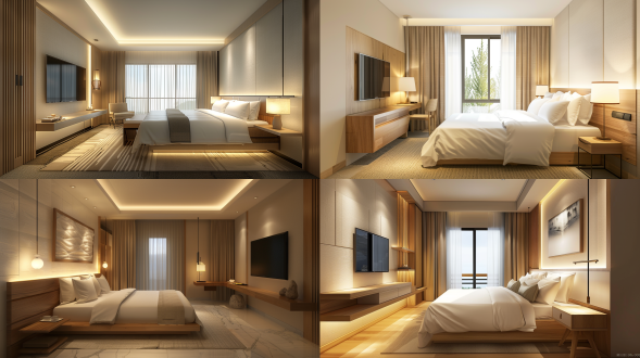 酒店标准间客房：广角镜头，电视背景墙格栅+白色墙布硬包，床头木质靠背有灯光，墙面整体米白色墙布，悬空木质书桌，落地窗米色窗帘，顶面无主灯设计，射灯辅助，现代金属岩板家具，品质生活方式，，极度复杂细节4k高清。