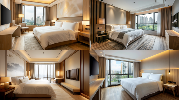 酒店大床房，简约电视背景墙，墙布饰面，浅木色木地板，局部简约线条地毯，落地窗户米色窗帘，现代，广角镜头，自然光，精致自然，4k照片级高清，高品质，优质感觉，高级感。