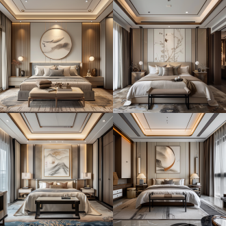 室内设计大师戴昆设计作品，简约中式主卧室内设计，高端感强，贵气，大空间、大进深，广角镜头，艺术品陈设，科技感强，自然光，柔和色调，对称布局，现代家具，宁静。