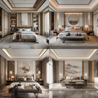 室内设计大师 岳蒙设计作品，简约中式主卧室内设计，高端感强，贵气，大空间、大进深，广角镜头，艺术品陈设，科技感强，自然光，柔和色调，对称布局，现代家具，宁静。
