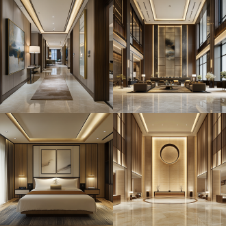 国内品牌酒店设计作品，高端感强，贵气，大空间、大进深，广角镜头，艺术品陈设，科技感强，自然光，柔和色调，对称布局，现代家具，三星级，奢华。