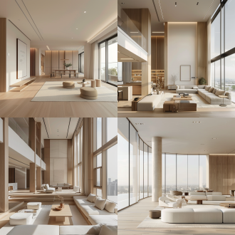 现代简约风格室内设计，暖白色+浅木色主调，柔和阳光，落地玻璃，原木色家具，360度全景，16k高清，宽敞明亮，自然光，细节丰富，现代简约，舒适氛围，宁静和谐。 360度全景