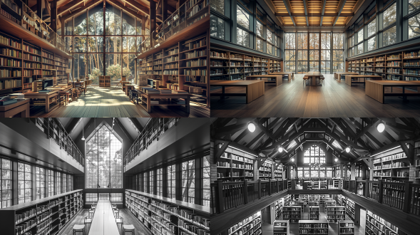 大型图书馆，对称布局，室内设计，现代原木风，自然采光，暖光，顶面艺术造型，落地玻璃窗，长焦镜头，慢快门，细节拉满，素色，宁静，16k照片级.