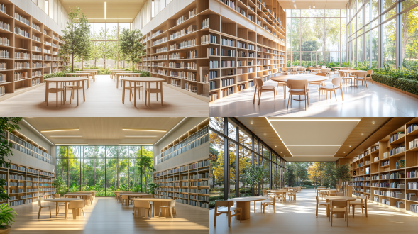 图书馆，大空间，对称布局，室内，现代简约风，浅木纹木质家具，艺术桌椅，绿植，自然采光，明亮，顶面造型灯光，落地玻璃，广角镜头，细节拉满，素色，宁静，16k照片级.