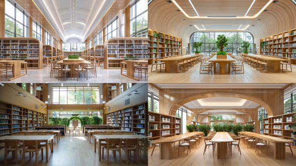图书馆，大空间，对称布局，室内，现代简约风，浅木纹，木质家具，中间弧形波浪长桌椅，桌椅中间镂空绿植分隔，自然采光，明亮，顶面造型灯光，落地玻璃，广角镜头，细节拉满，素色，宁静，16k照片级.